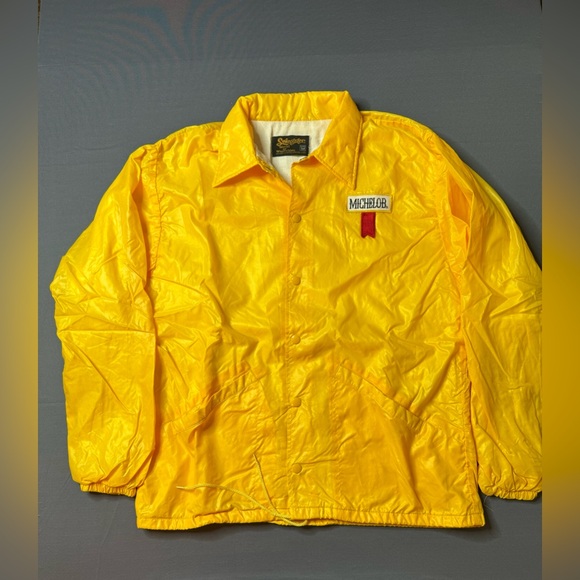 Swingster yellow Michelob front Chinese resto at back snap front nylon jacket M - Picture 1 of 6